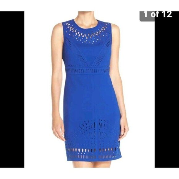 ELIZA J Royal Blue Laser-Cut Sleevesless Sheath Midi Dress Size 8  Fully Lined - Picture 1 of 12